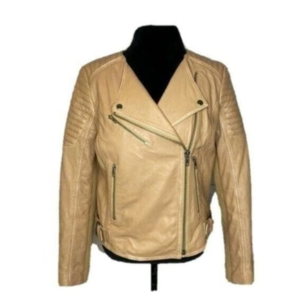 Treasure & Bond Tan Quilted Distressed Leather Moto Jacket, Size Medium